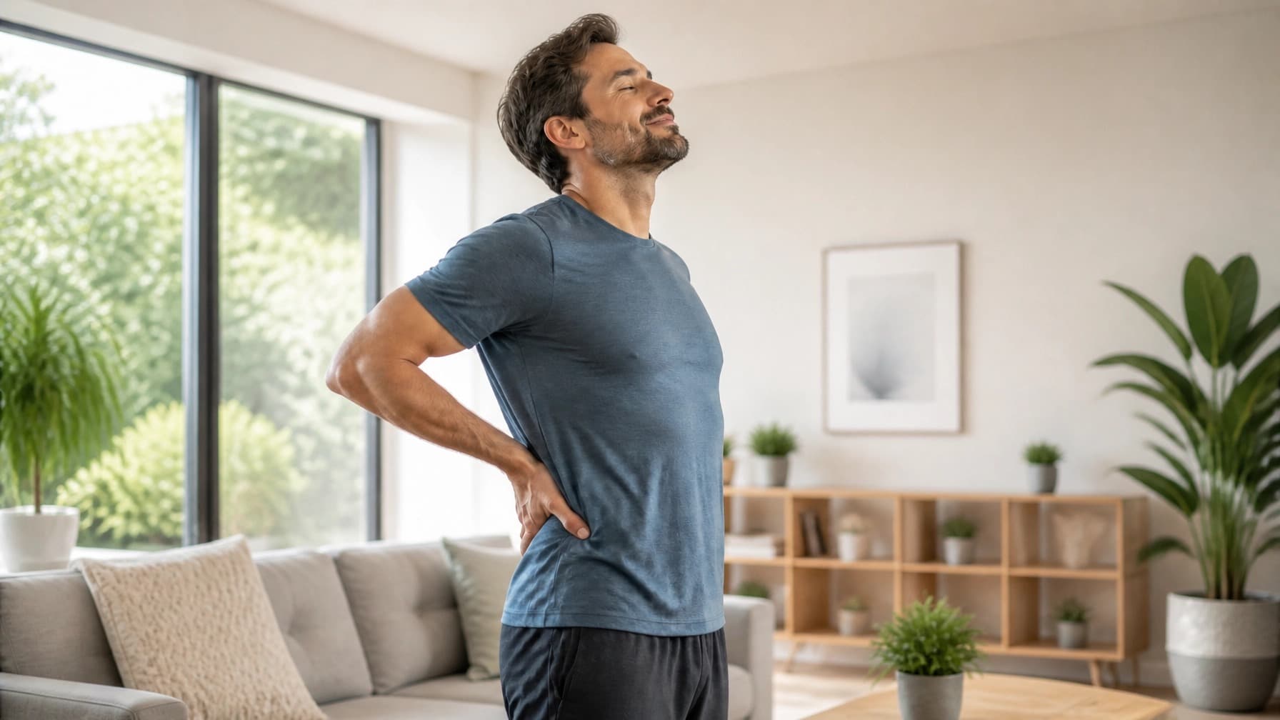 A man standing in his living room with one hand pressed to his lower back, easing a sore back.