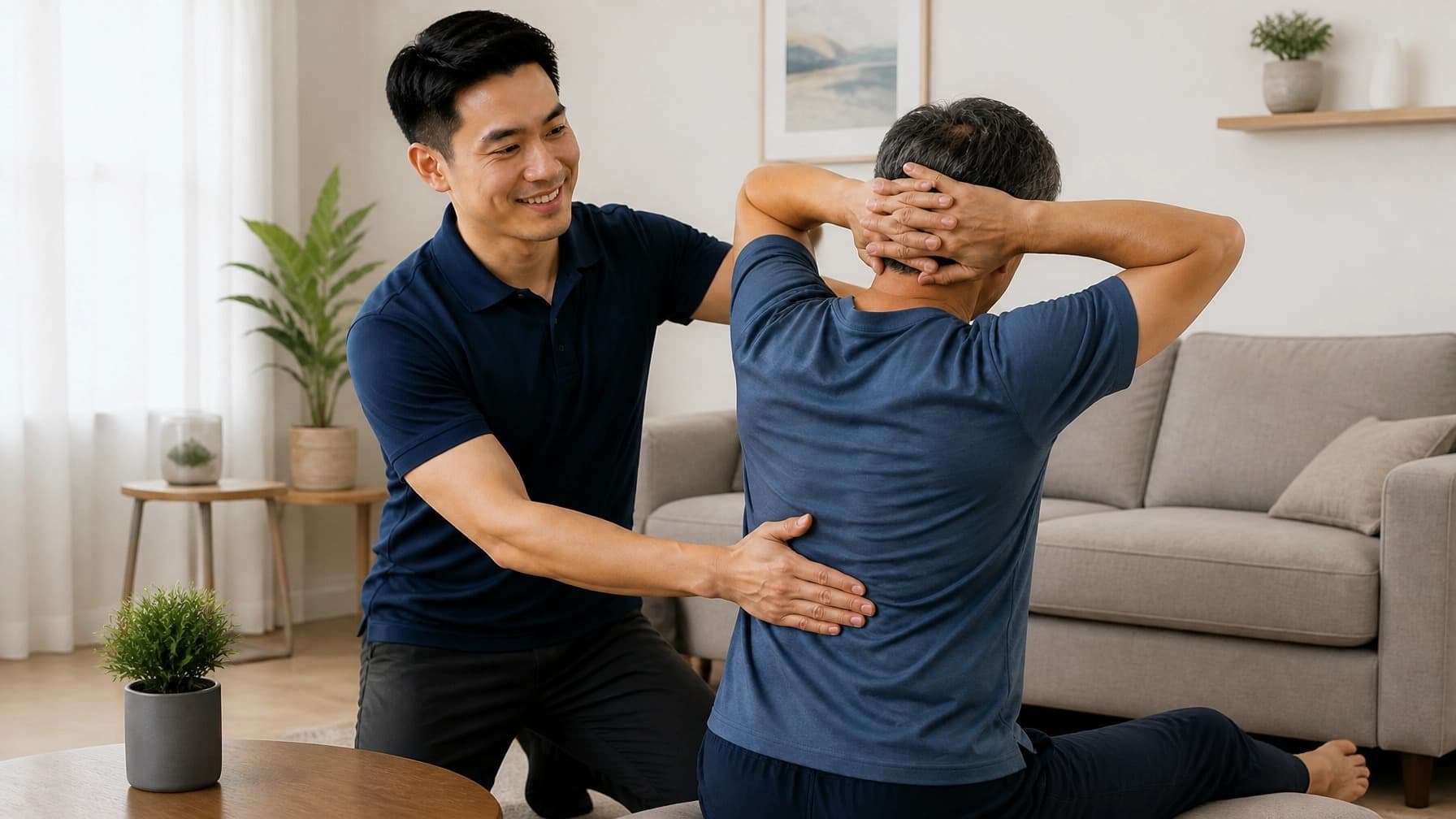 A physiotherapist supporting a seated man through a gentle back stretch during a home visit.