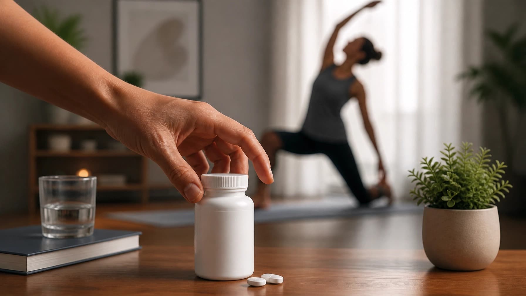 A hand reaching for a white pill bottle on a table, with a person stretching on a yoga mat blurred in the background.