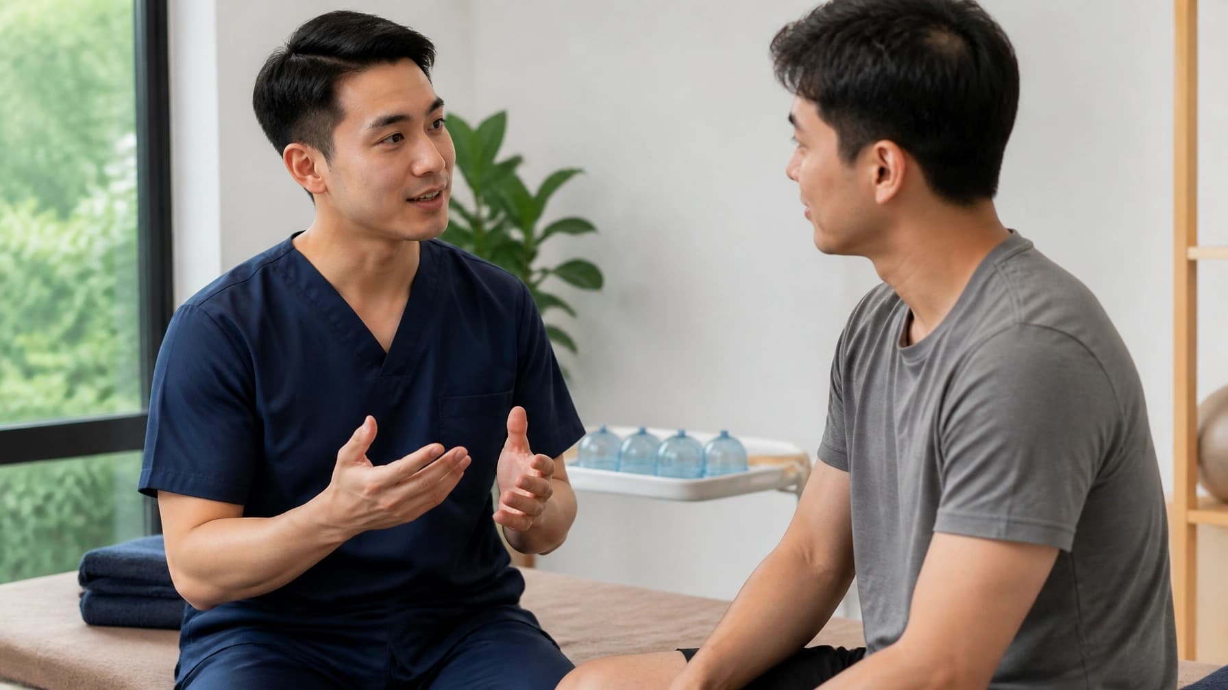 A physiotherapist sits talking with a patient on a treatment table, with a set of cupping cups on the trolley behind them.