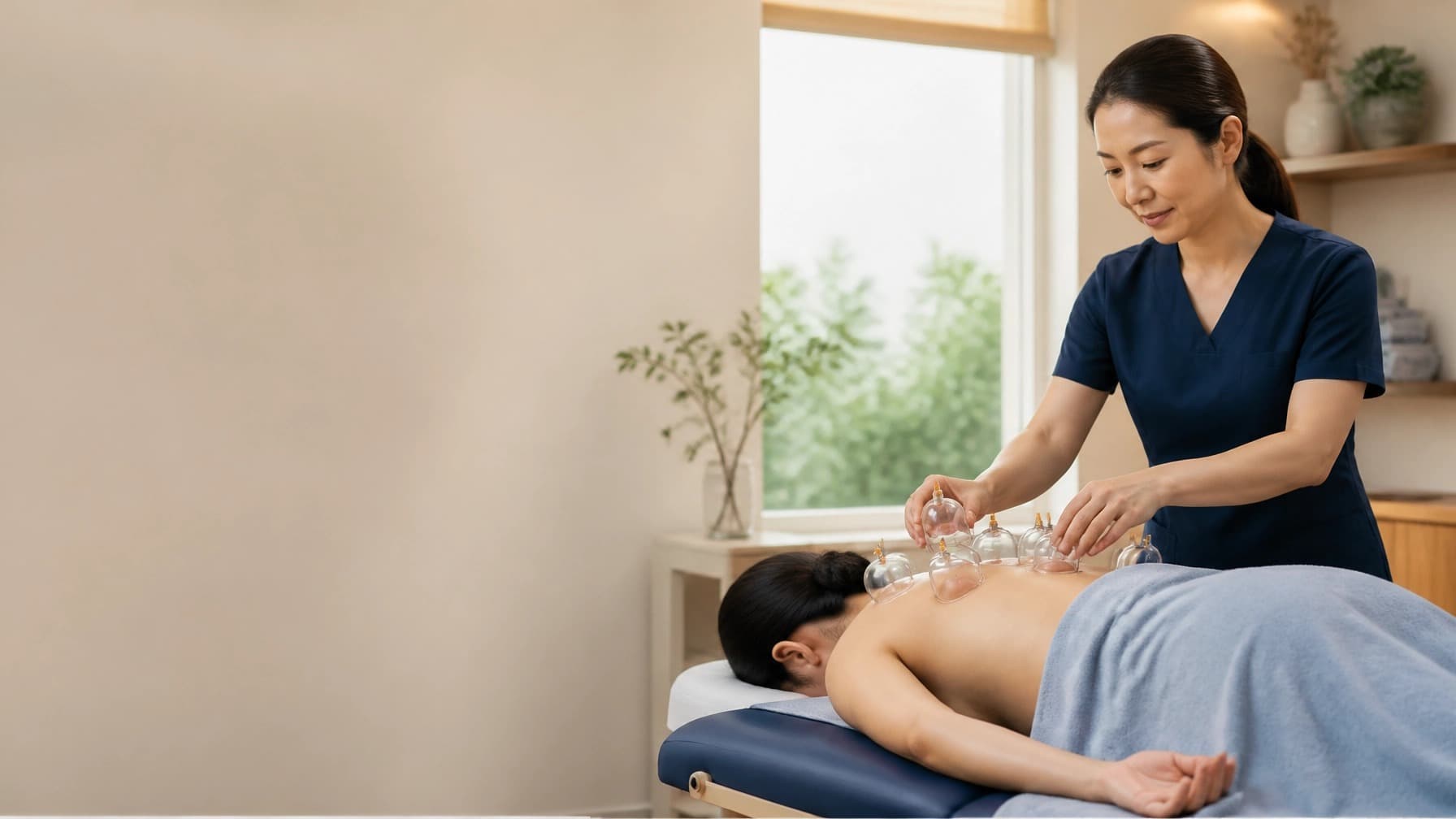 A physiotherapist places suction cups in a row along a person's upper back during a dry cupping treatment.