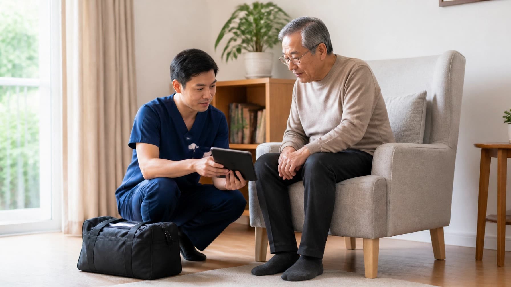 A physiotherapist crouches beside an older man seated in an armchair at home, showing him something on a tablet, with a kit bag on the floor.