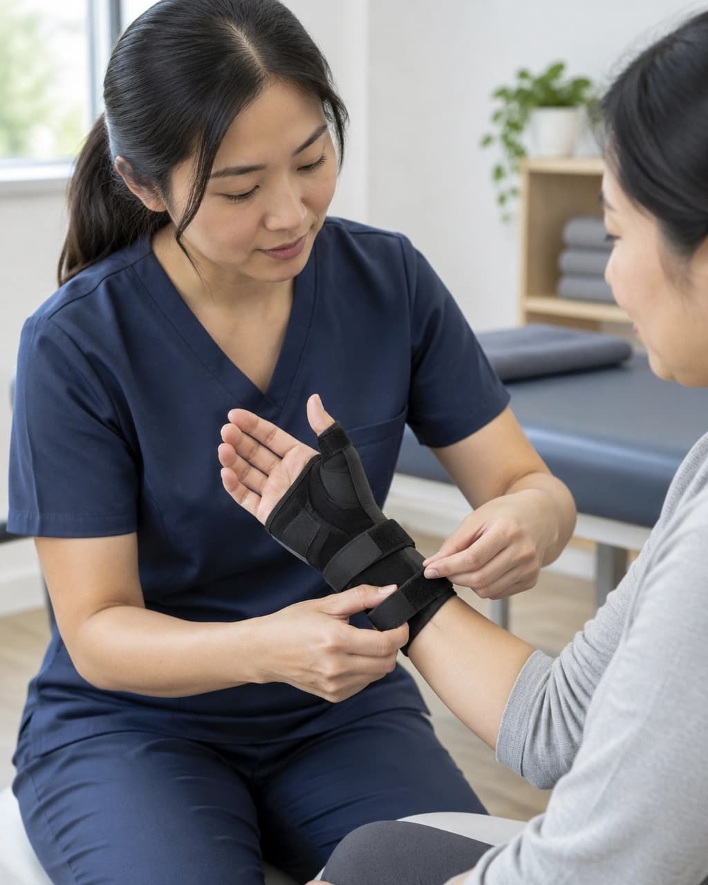 A clinician in navy scrubs fitting a black thumb-spica splint to a person's wrist and thumb.