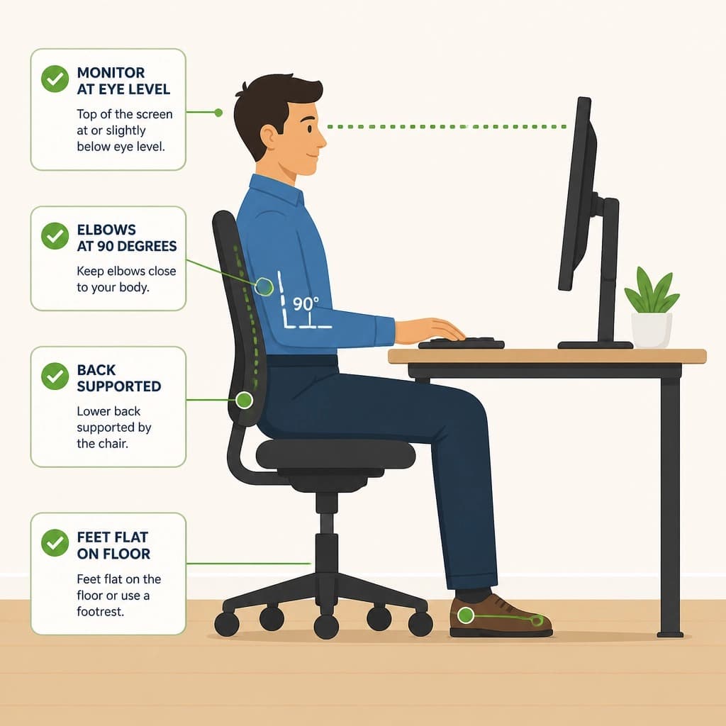 Diagram of a seated person at a desk showing four ergonomic checkpoints: monitor at eye level, elbows at 90 degrees, lower back supported by the chair, and feet flat on the floor.