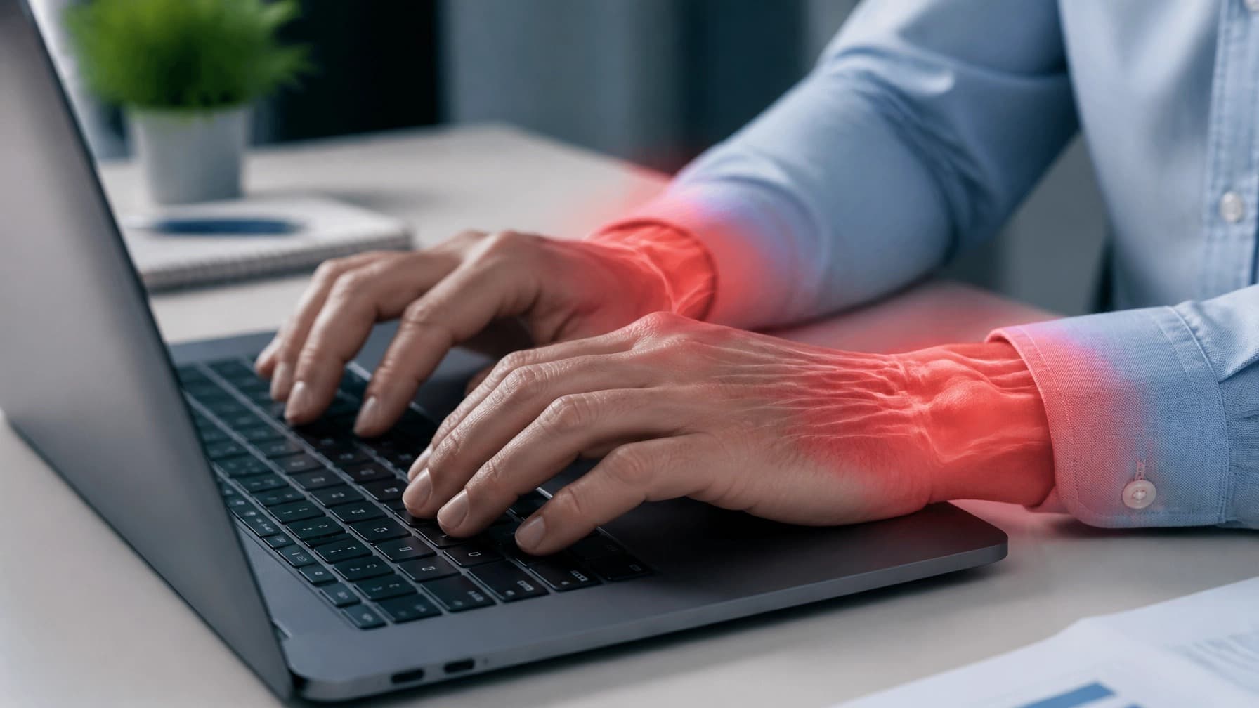Close-up of someone typing on a laptop, with the wrist and forearm highlighted to represent strain from prolonged keyboard use.