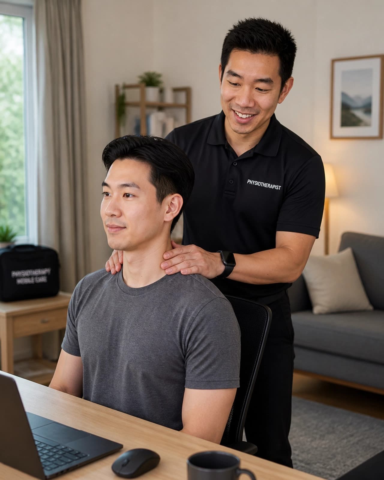 A physiotherapist treating the neck and shoulders of a seated man at his home desk during a mobile physio visit.