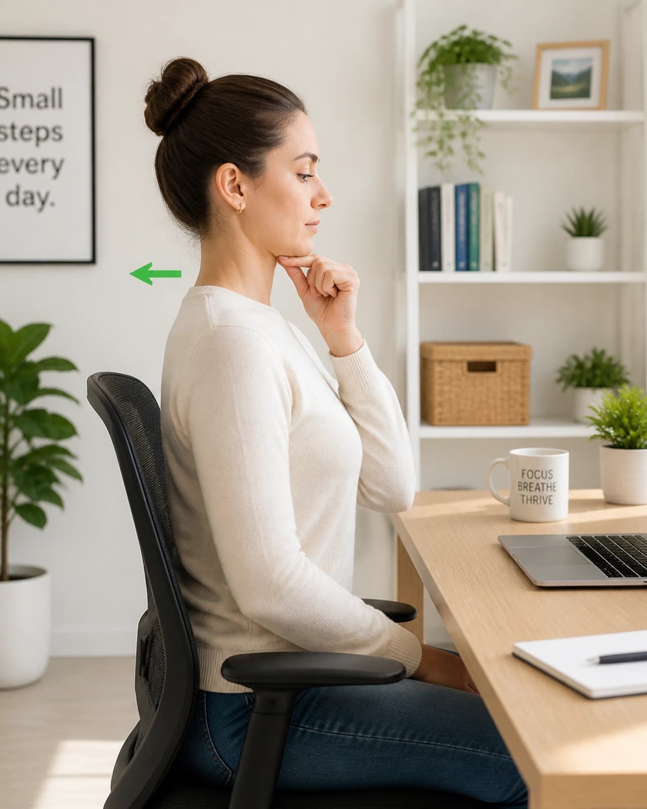 A woman seated at her desk performing a chin tuck, drawing her chin straight back to gently stretch the back of the neck.