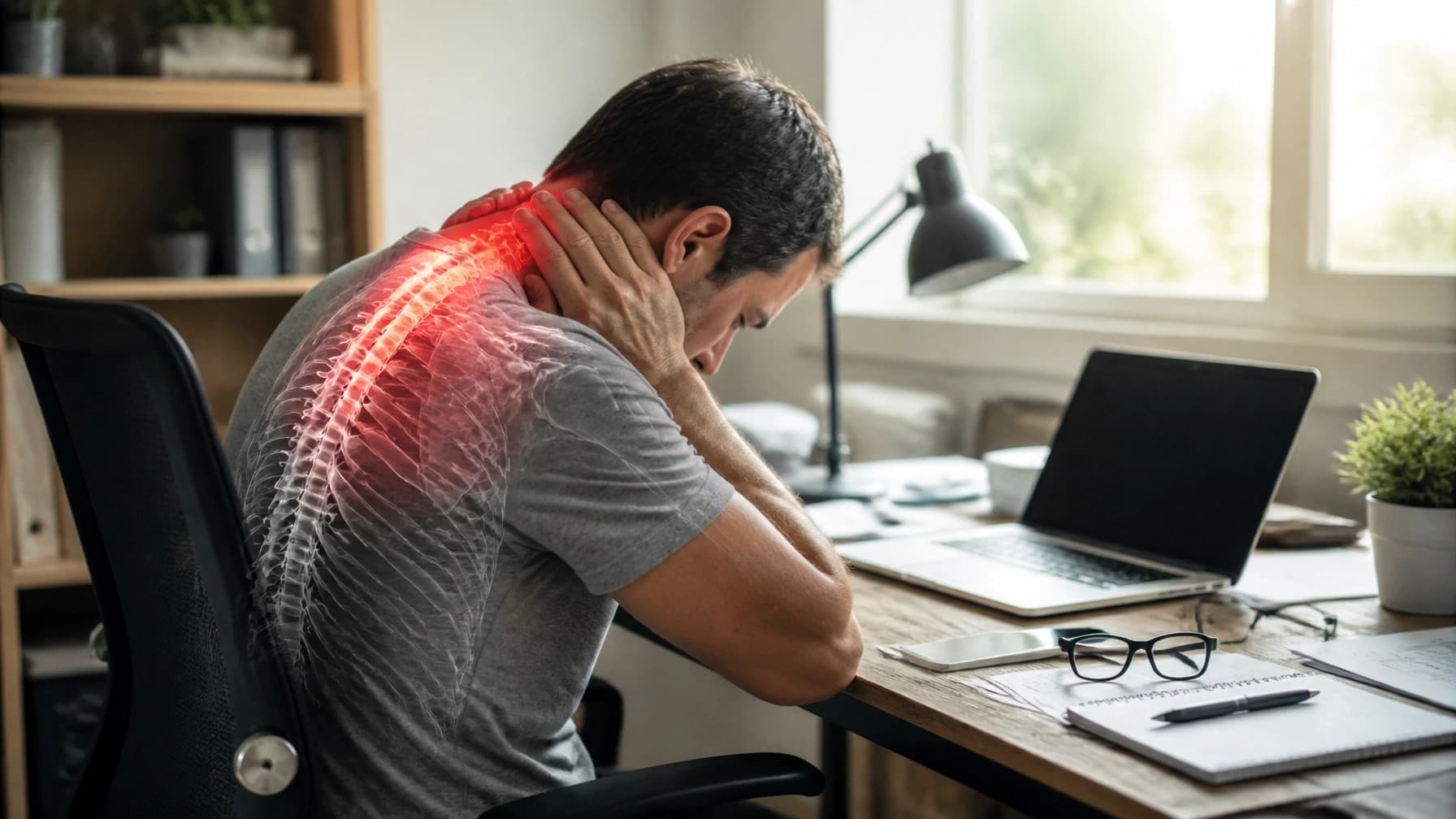 A man sitting at a home-office desk holds the back of his neck, with the neck and upper spine highlighted to represent strain.