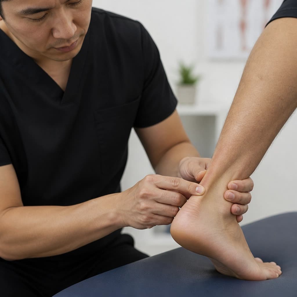 A physiotherapist examines a patient's heel and Achilles tendon.