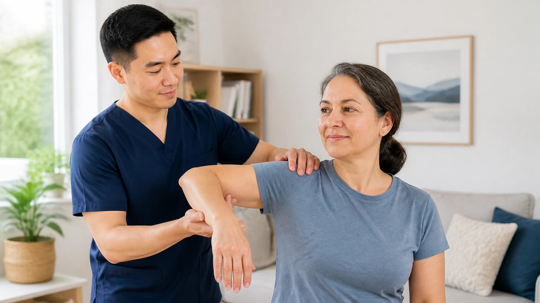 A physiotherapist gently examines the shoulder and arm of a woman seated in her living room.