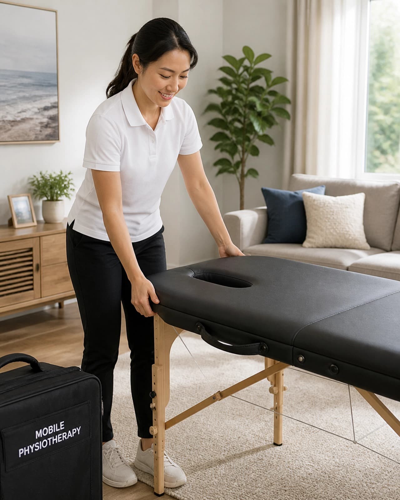 A physiotherapist sets up a portable treatment table in a living room, beside a kit bag labelled "Mobile Physiotherapy."