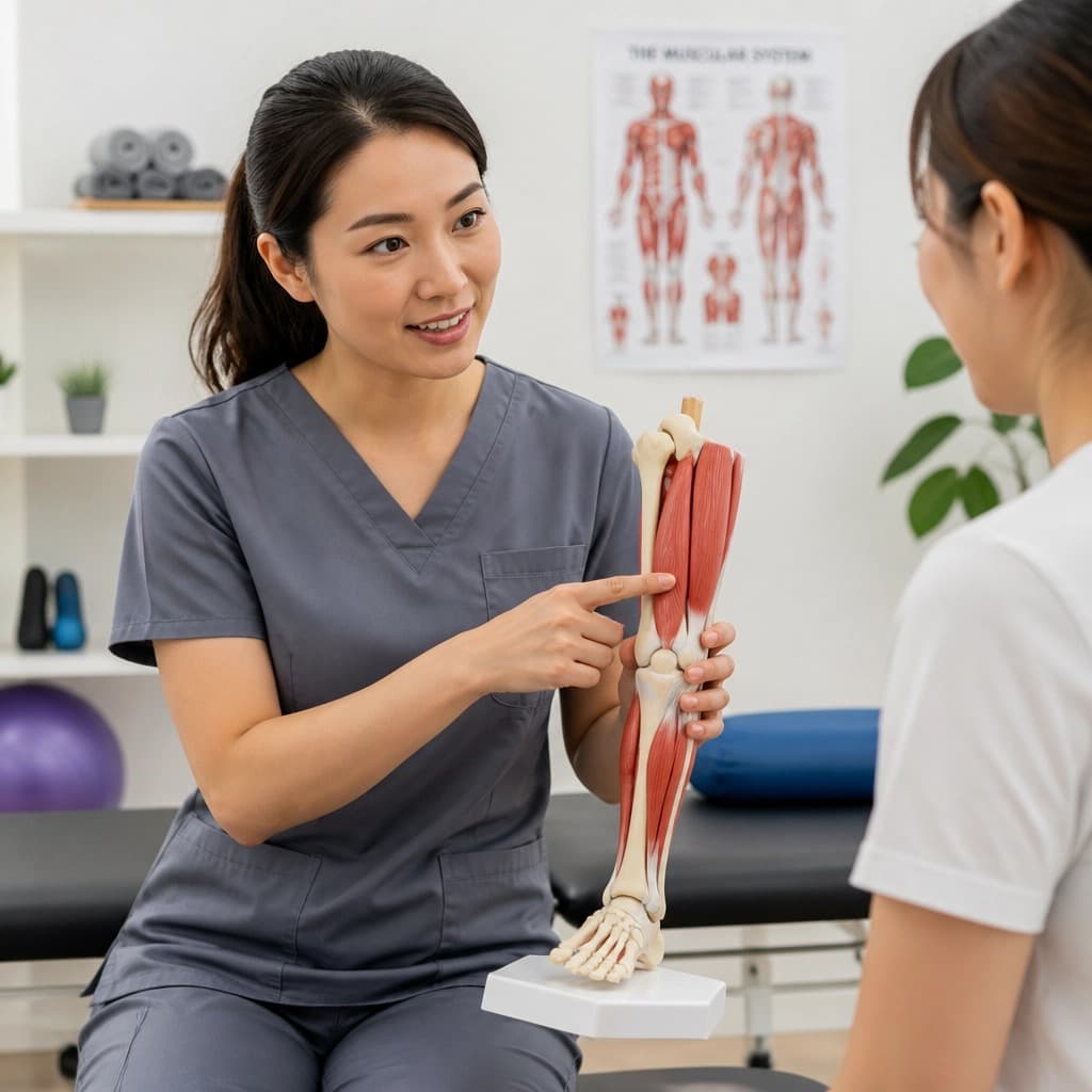 A physiotherapist holds a model of the leg muscles while talking with a seated patient, with an anatomy poster on the wall behind.