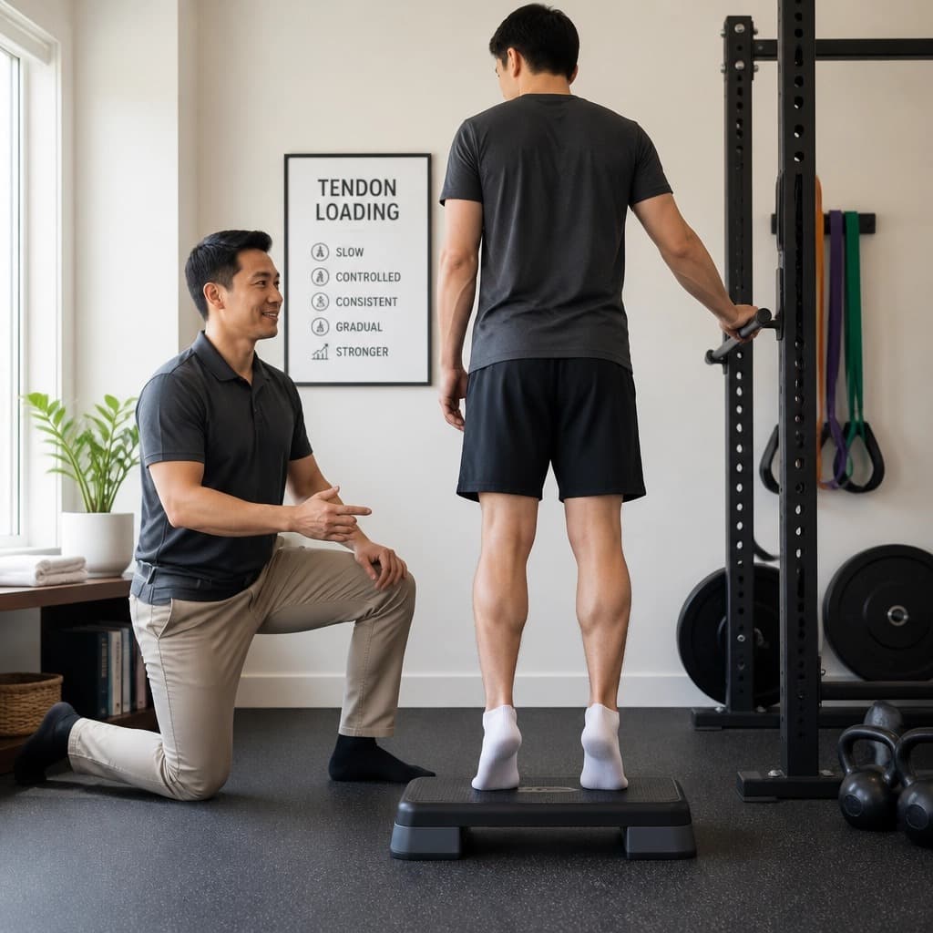 A physiotherapist coaches a man through a step-up exercise beside a wall poster headed "Tendon Loading" that lists the words slow, controlled, consistent, gradual and stronger.