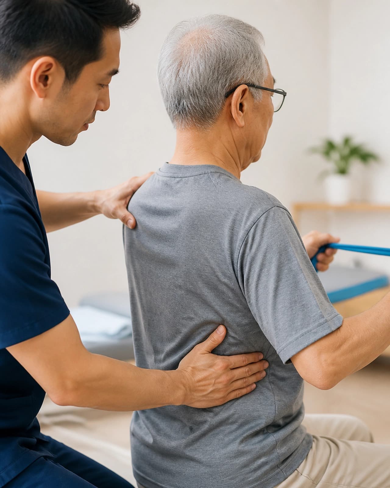 A physiotherapist assesses an older man's back and shoulder mobility using a resistance band.