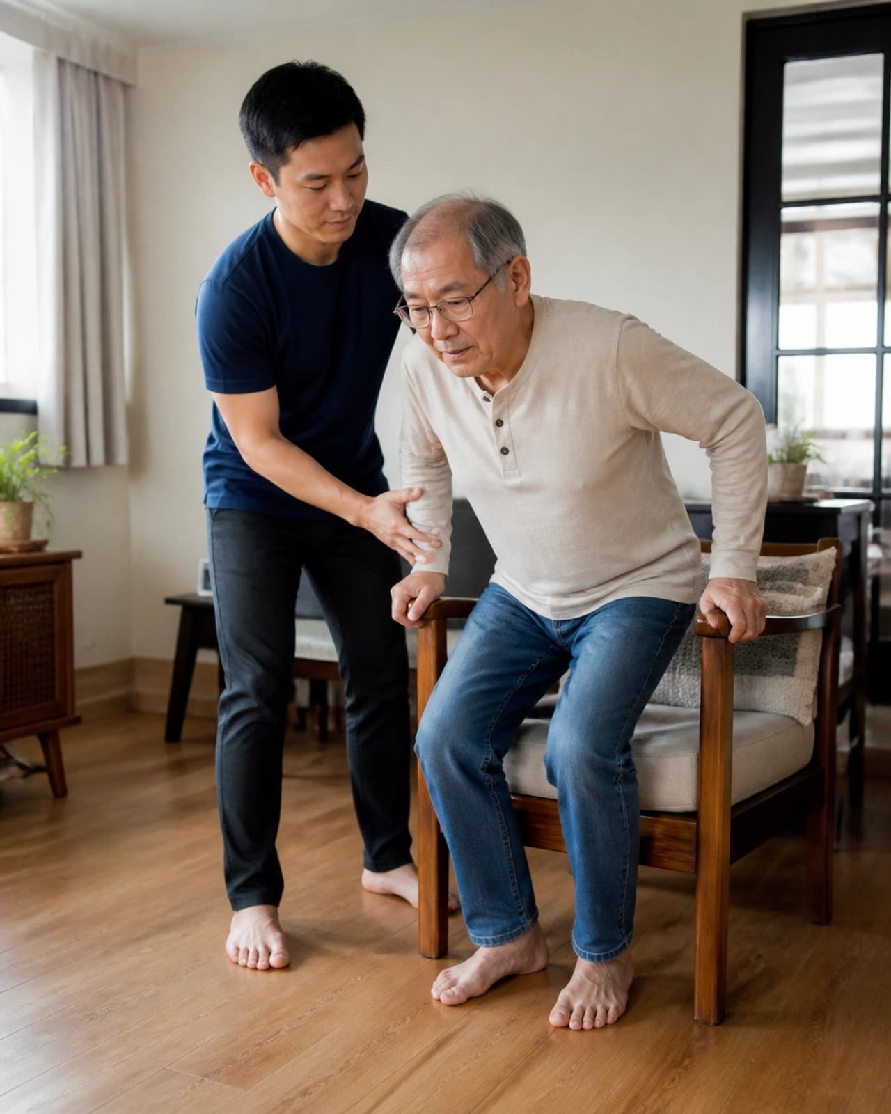 A man is assisted by a physiotherapist as he rises from an armchair.