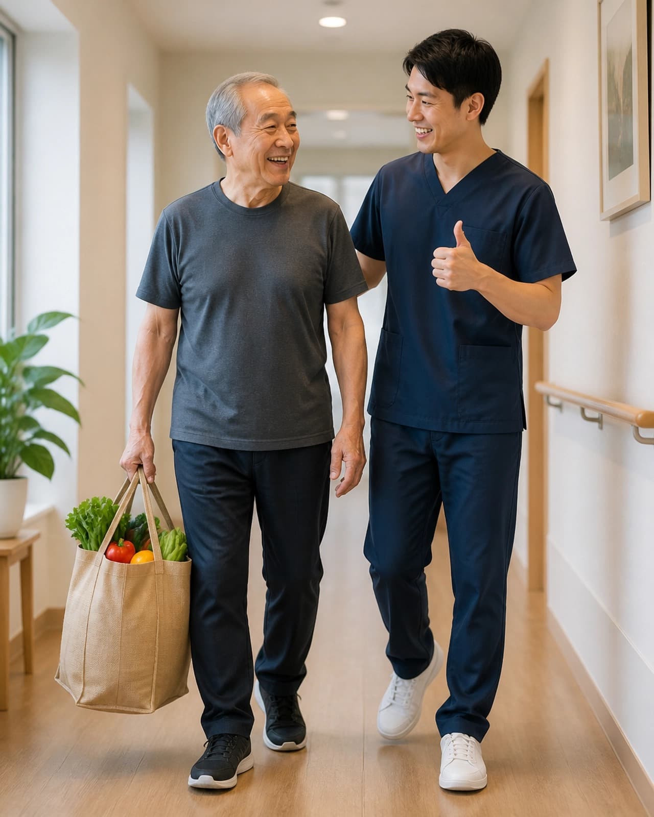 An older man carrying a bag of groceries walks down a hallway with a smiling clinician giving a thumbs up.