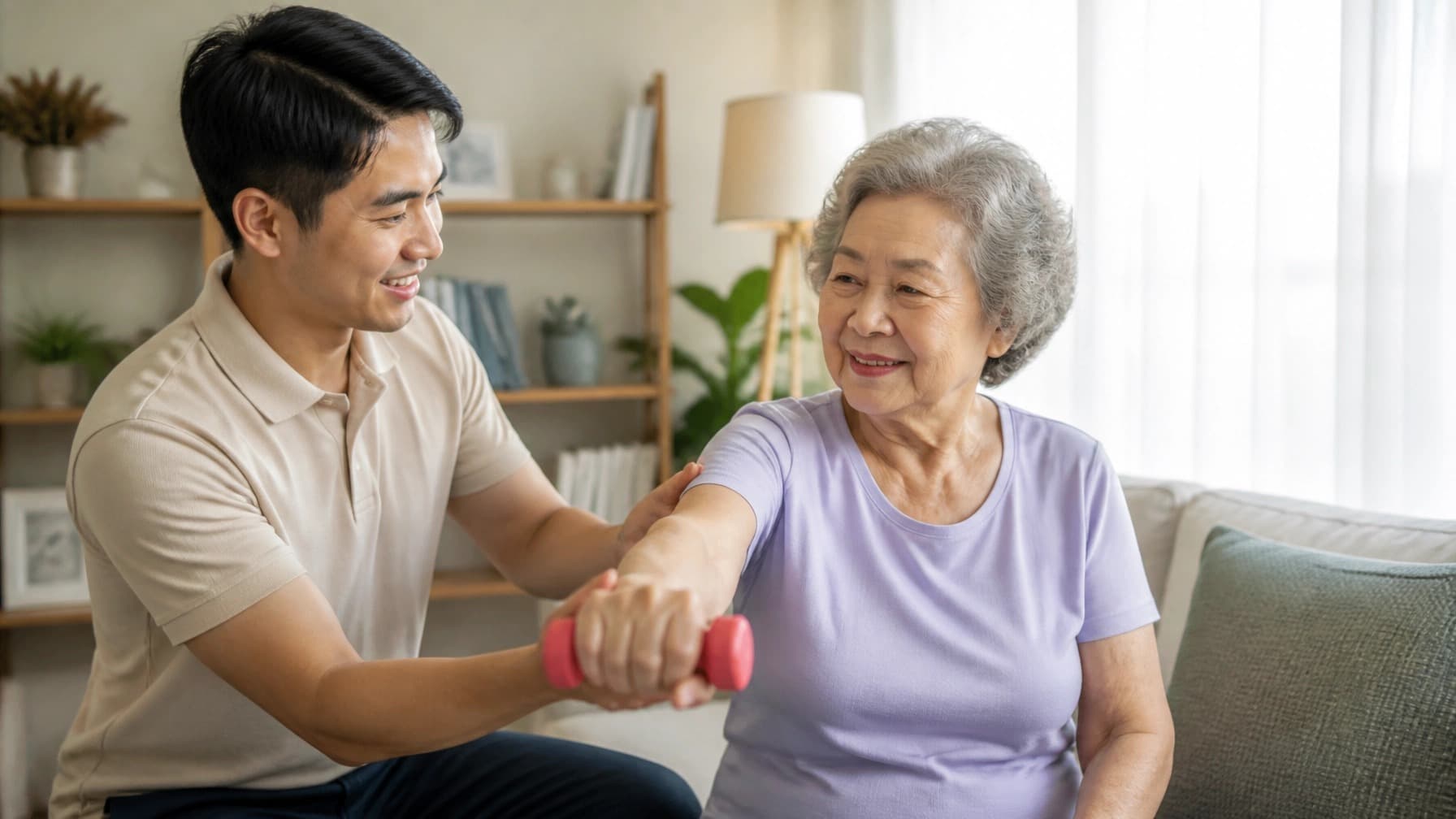 A physiotherapist guides an older woman through a dumbbell exercise in her living room.
