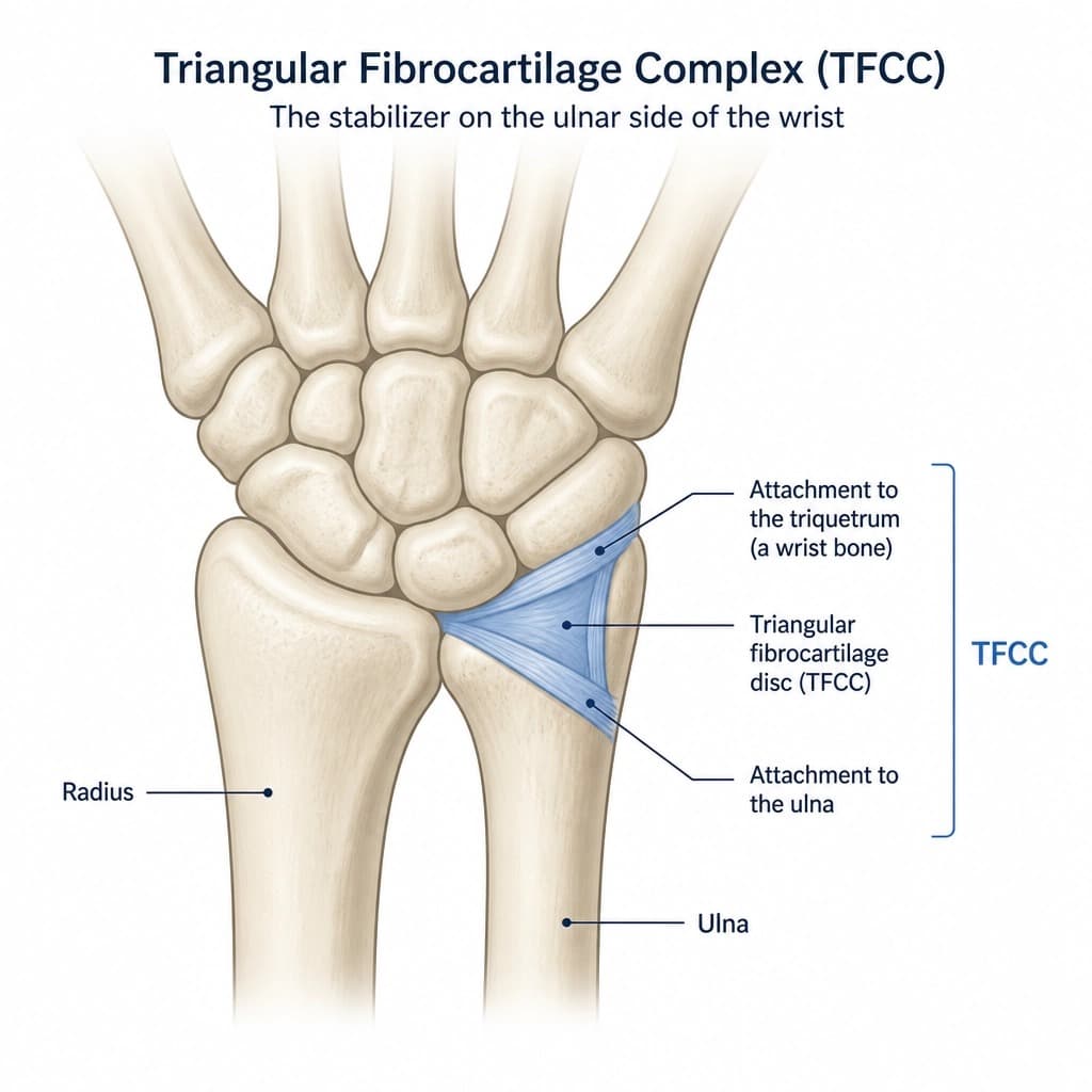 Anatomy diagram titled "Triangular Fibrocartilage Complex (TFCC), the stabiliser on the ulnar side of the wrist", labelling the radius, ulna, the triangular fibrocartilage disc, and its attachments to the triquetrum and the ulna.