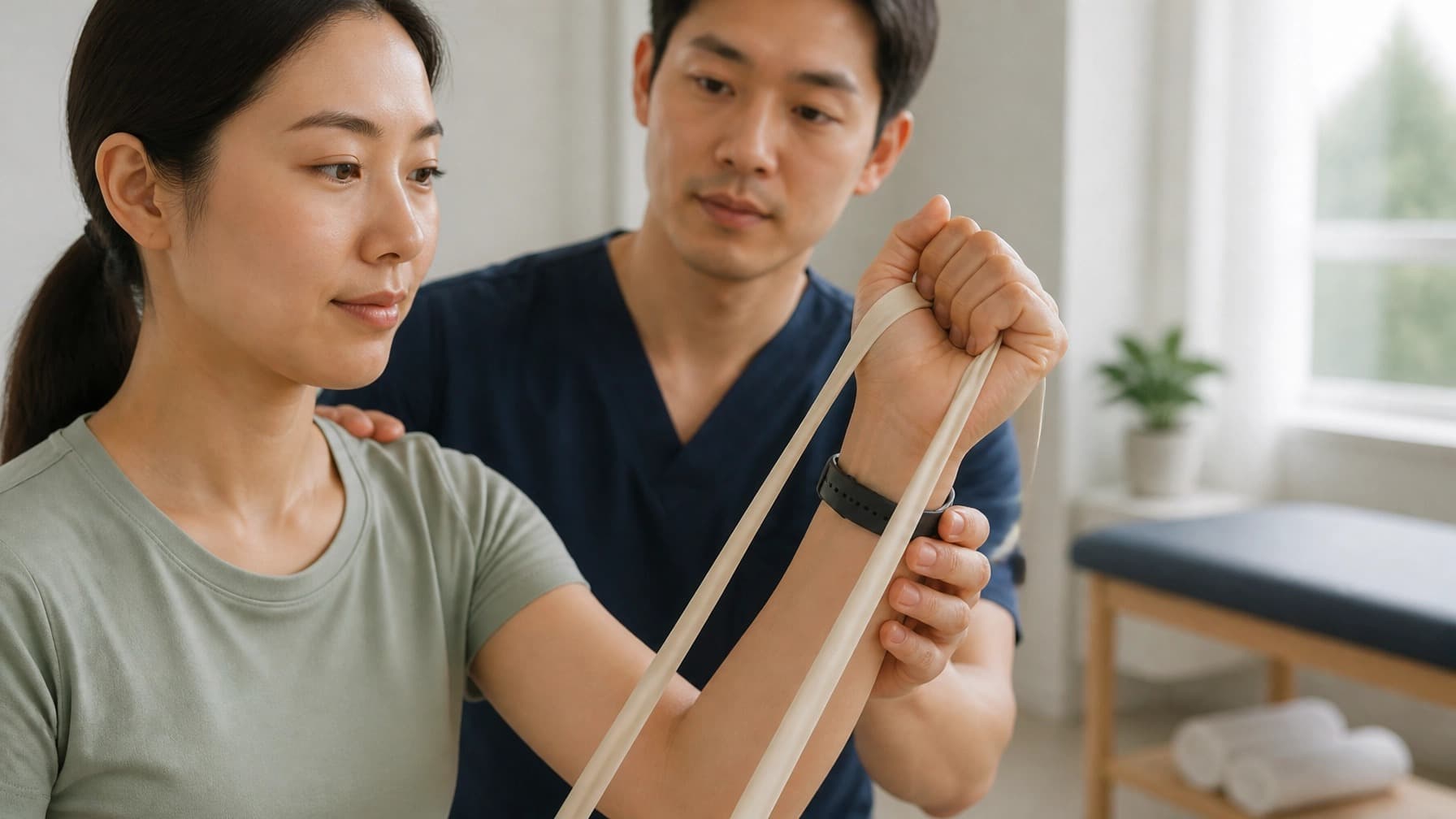 A physiotherapist guiding a person through a resistance-band exercise for the wrist and forearm.