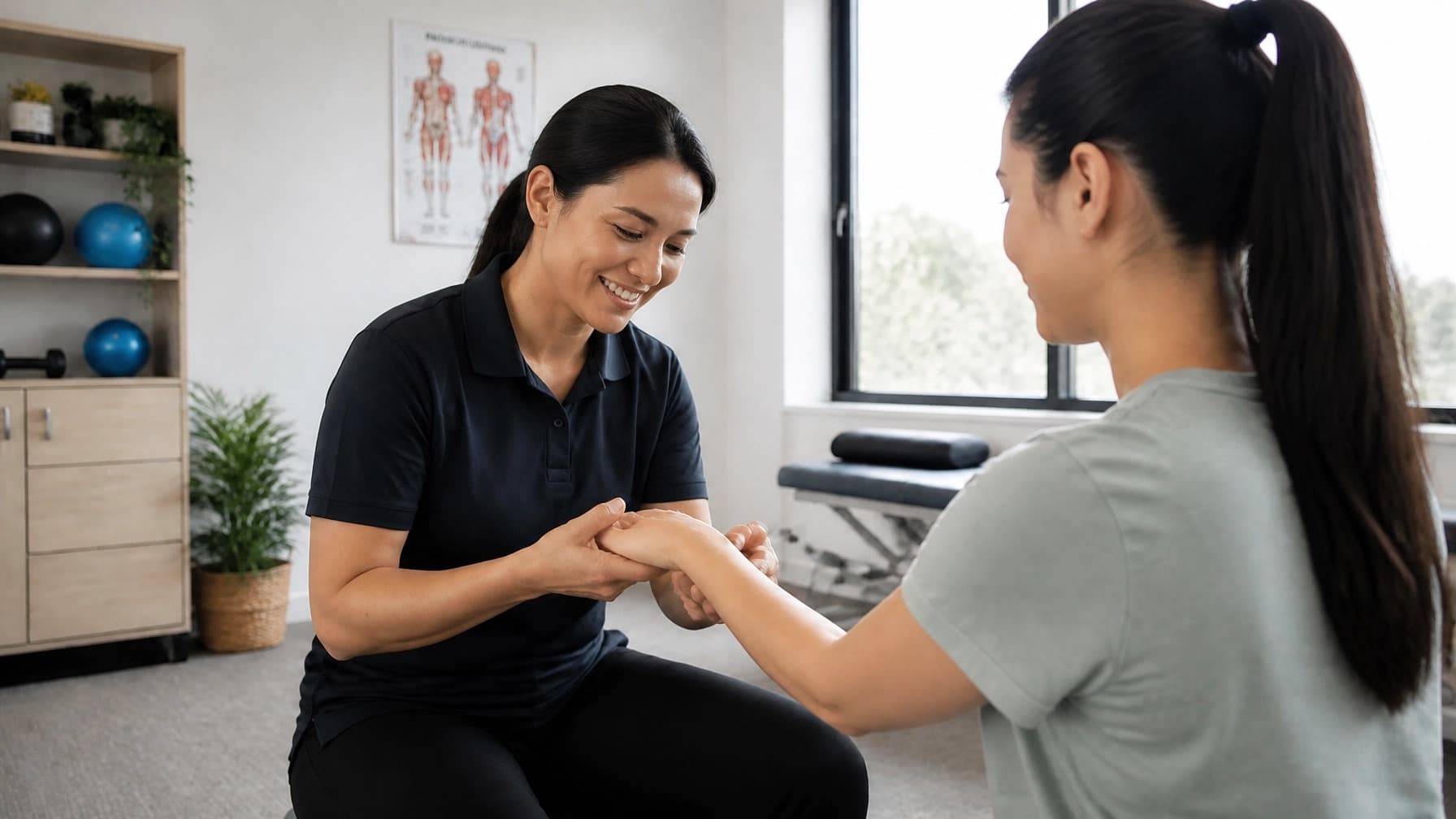 A physiotherapist gently supporting a person's wrist and hand during a consultation.