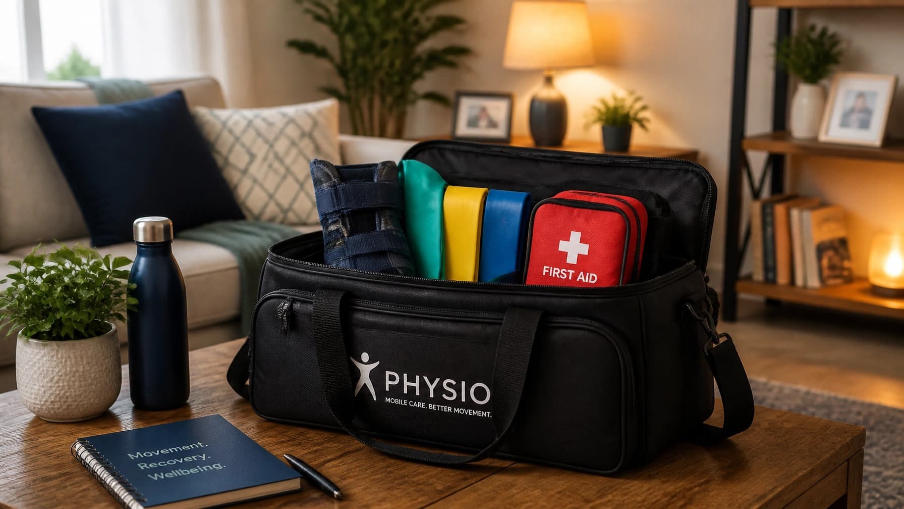 A physiotherapy kit bag on a living-room table, packed with resistance bands, a wrist support, and a first-aid pouch.