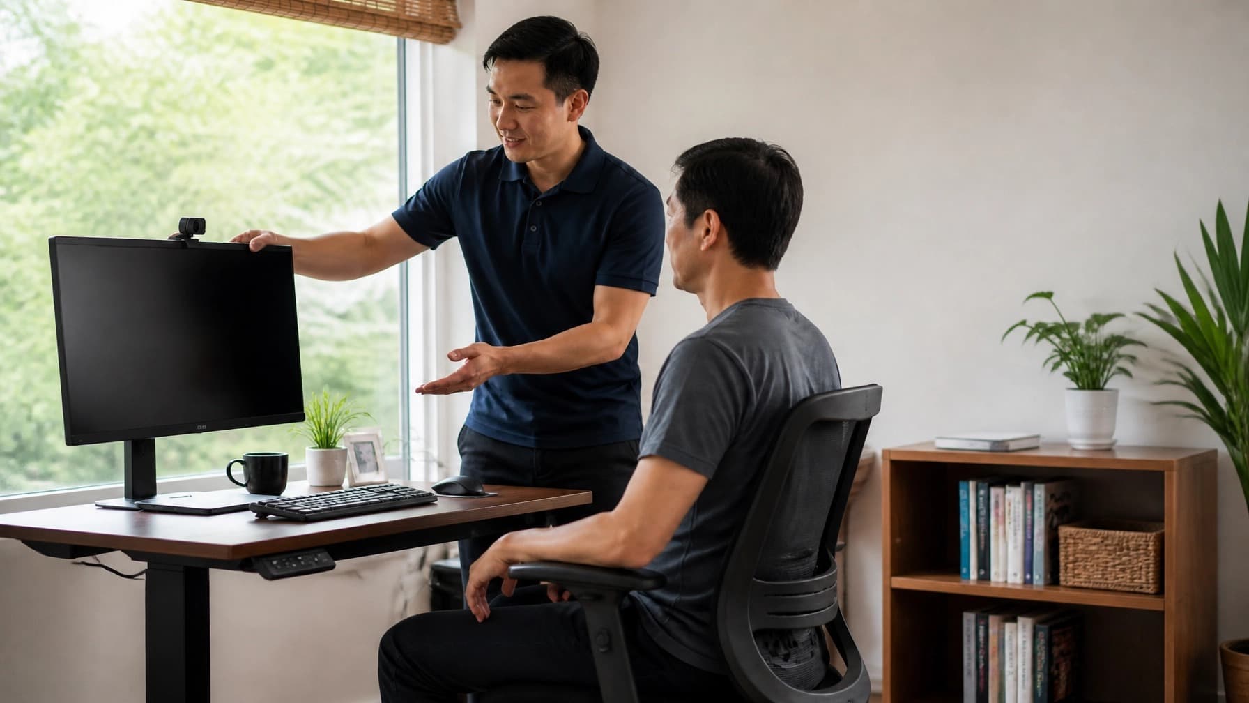 A physiotherapist adjusts a monitor at a home office desk while a man sits in the chair.