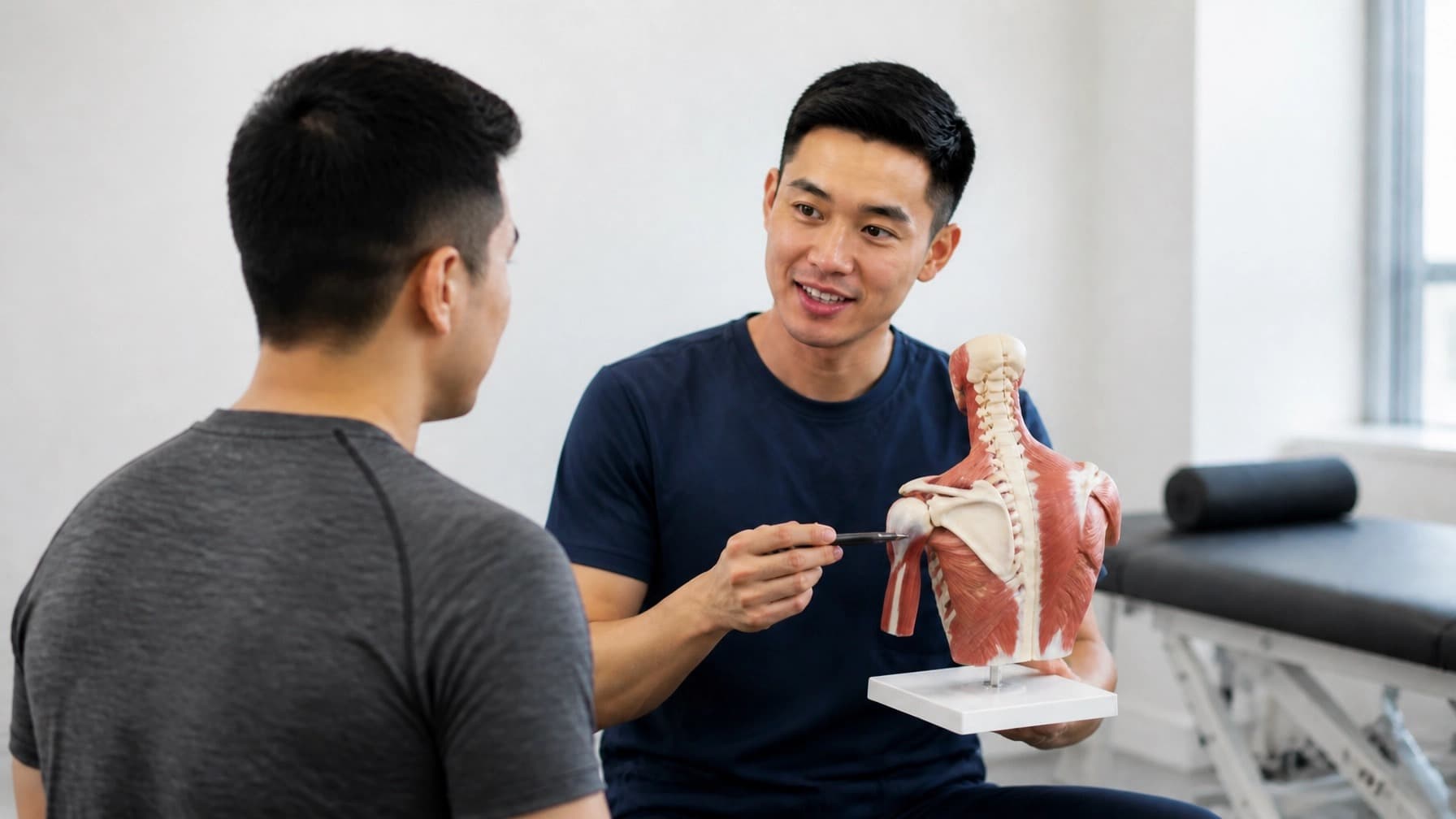 A physiotherapist points to a model of the spine and shoulder while talking with a seated man during a consultation.