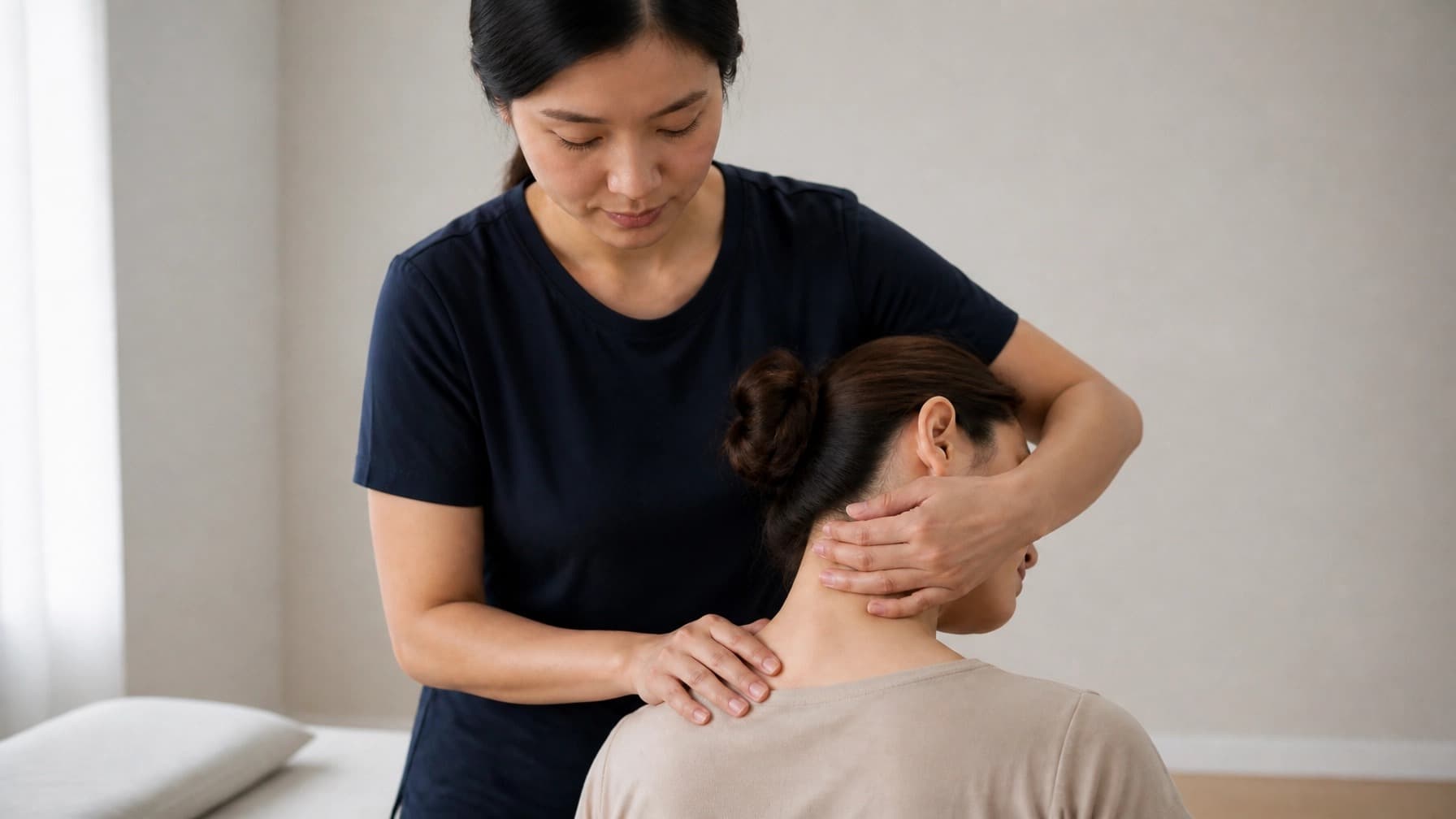 A physiotherapist gently assesses the neck and shoulders of a seated woman.