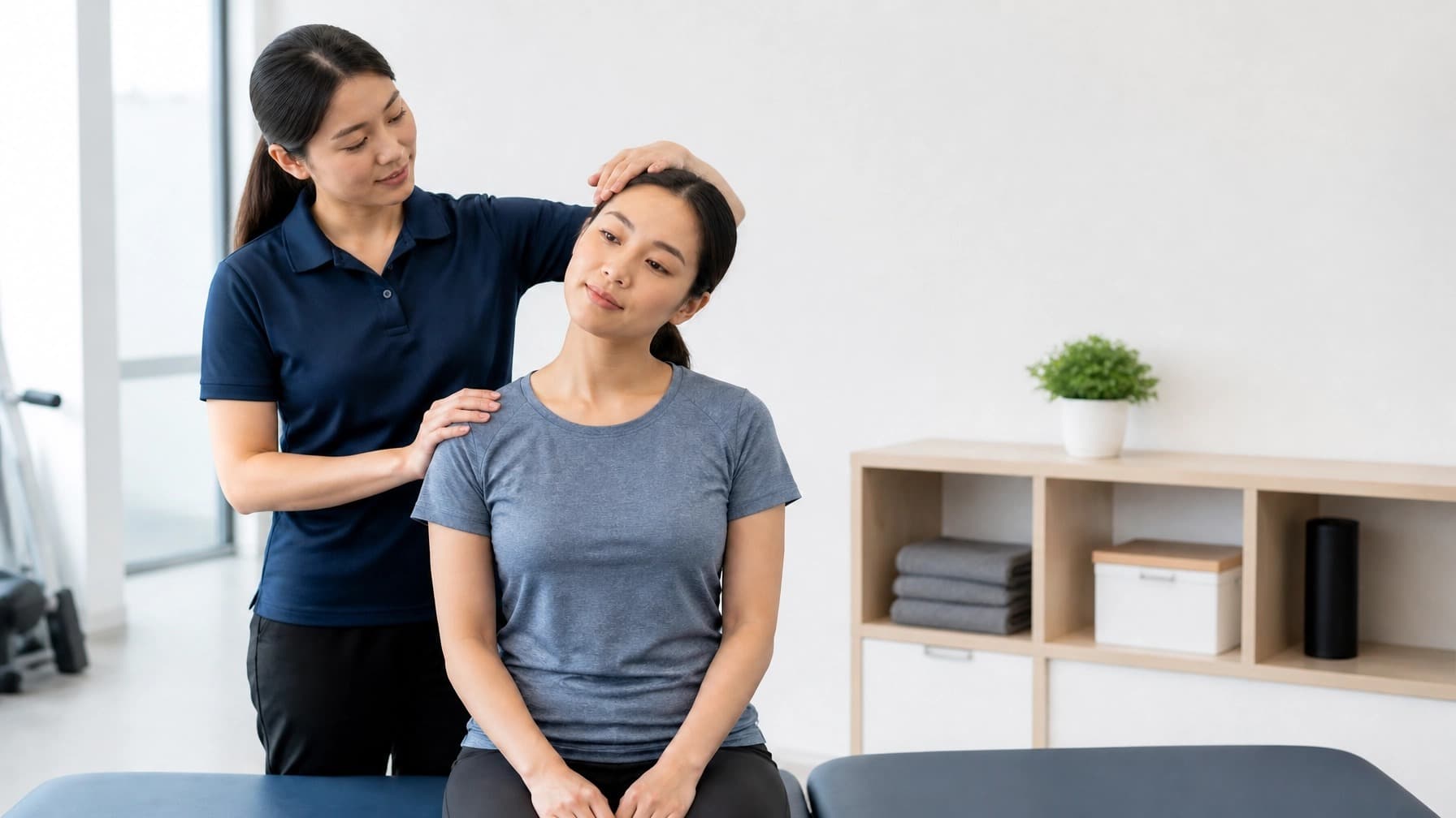 A physiotherapist guides a seated woman through a gentle neck stretch.
