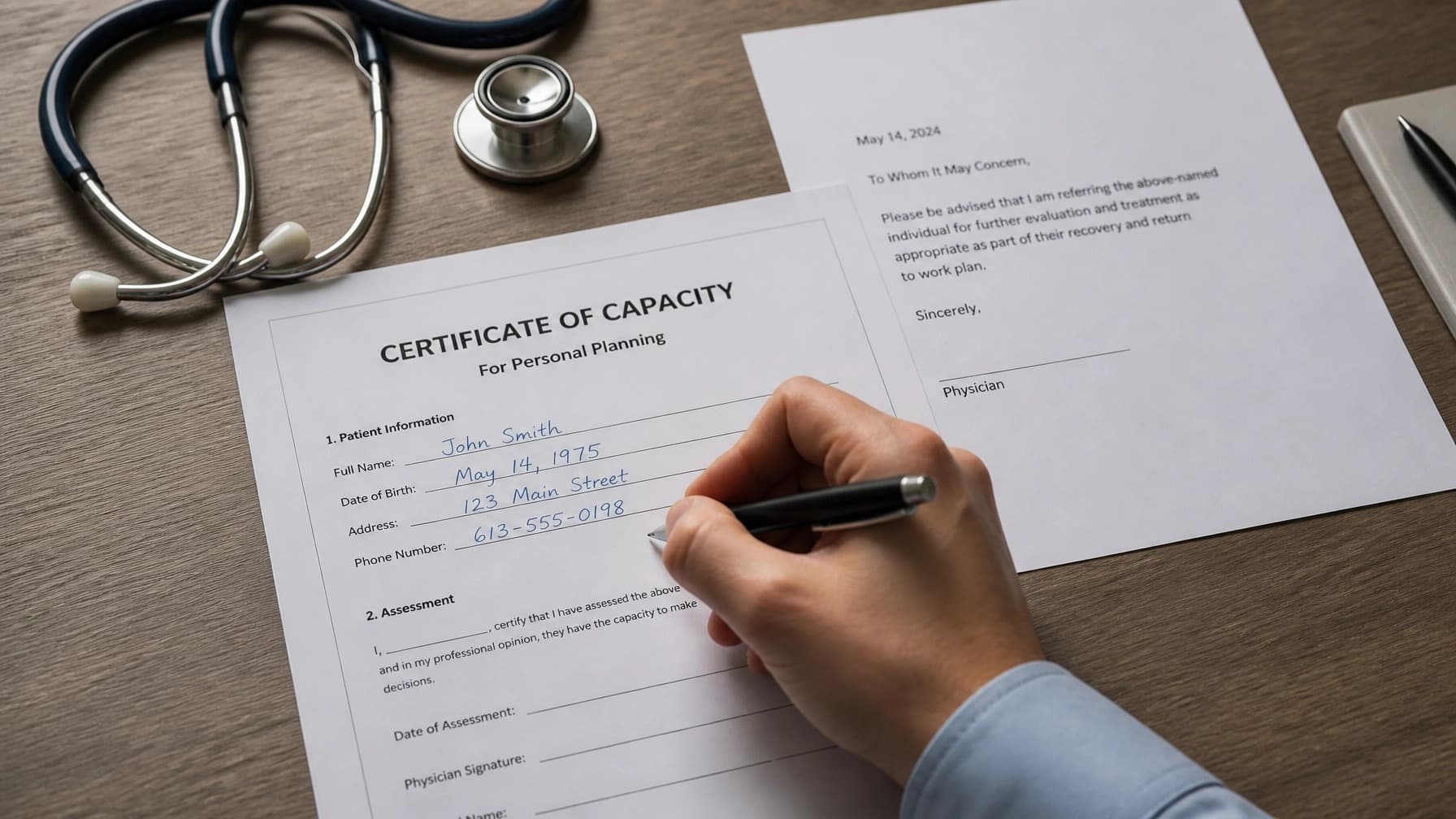 An illustrative mock-up of a "Certificate of Capacity" form on a desk with a stethoscope, being signed with a pen.