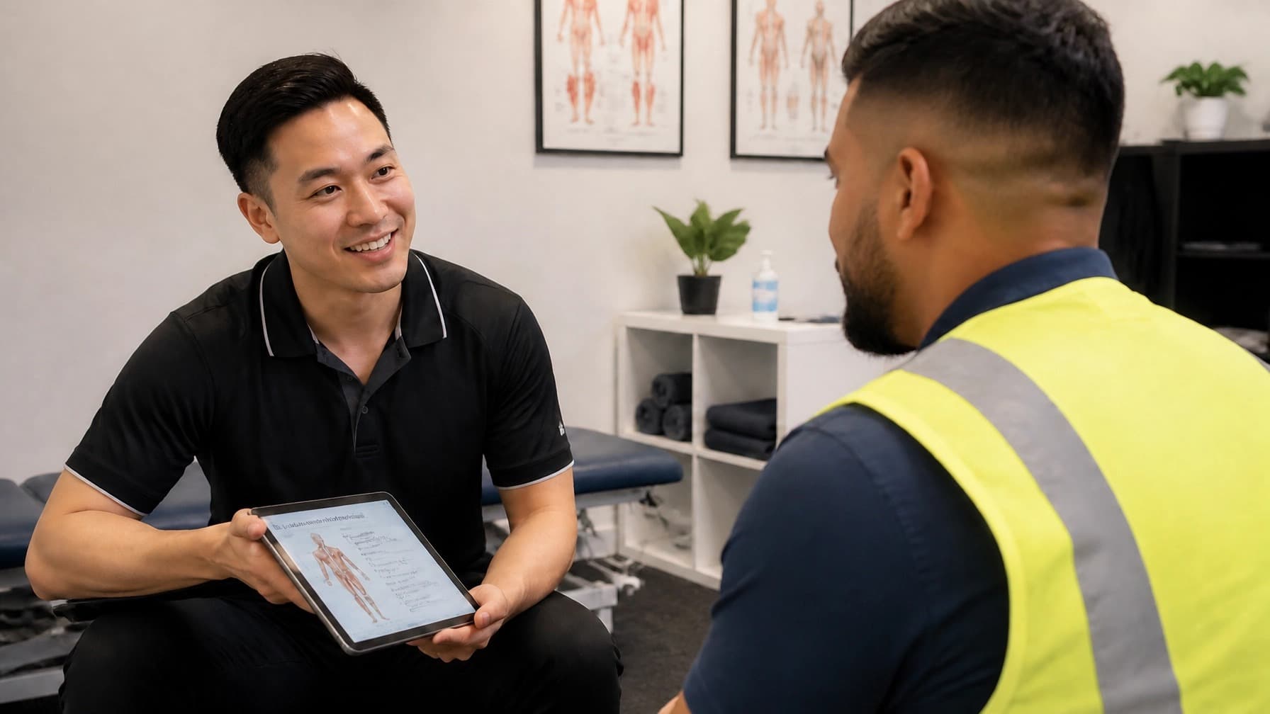 A physiotherapist showing an anatomy diagram on a tablet to a worker in a hi-vis vest.