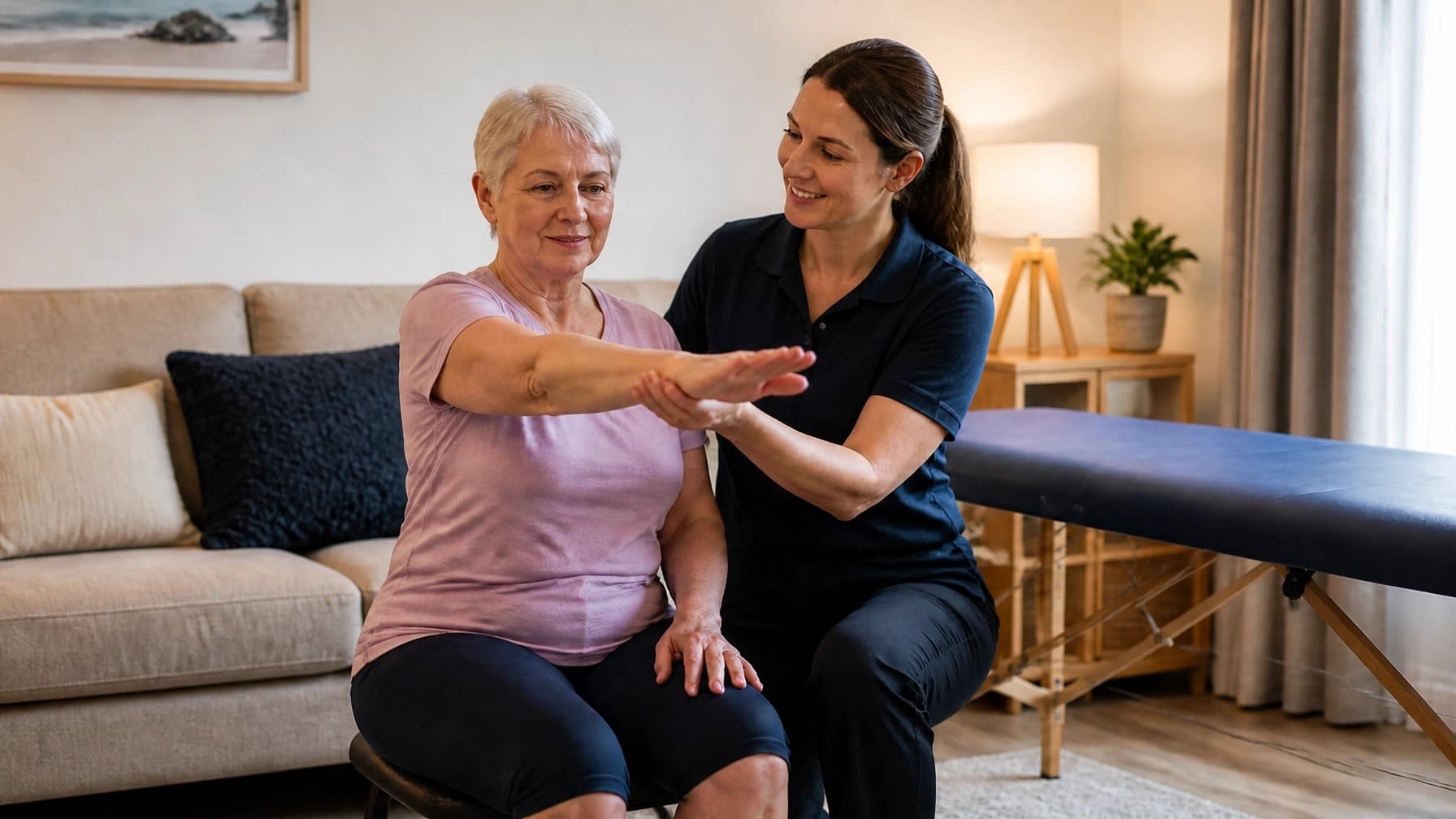 A physiotherapist guiding an older woman through a seated arm movement on a couch during a home visit.