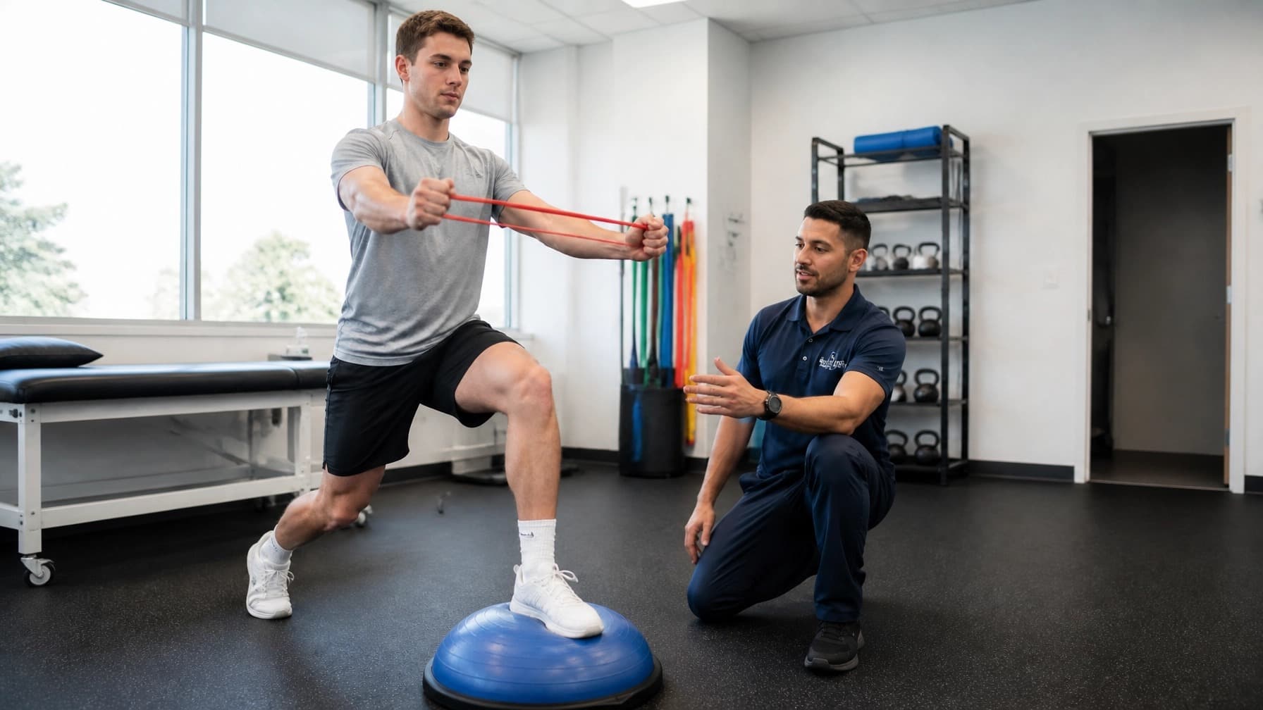 A physiotherapist guiding a man through a single-leg balance exercise on a stability dome with a resistance band.